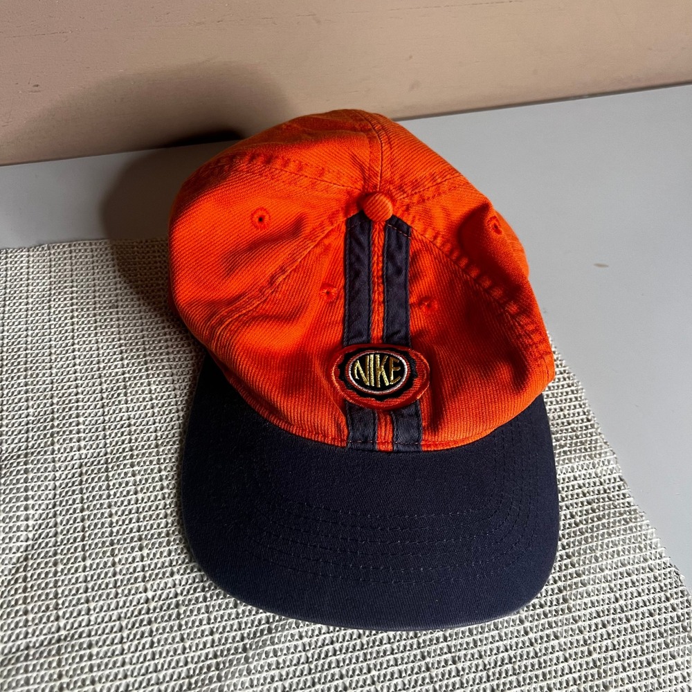 Vintage Nike Orange Navy Blue Racing Stripe Strapback Hat Corduroy Cotton Cap